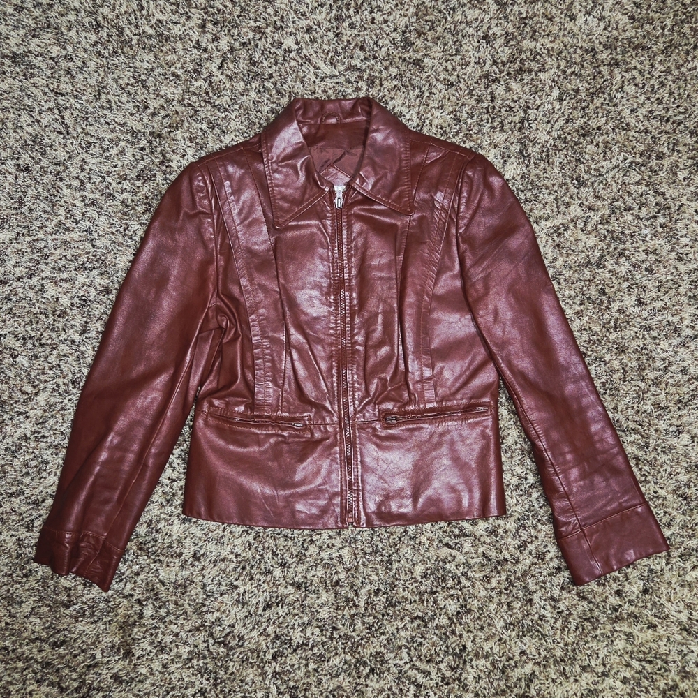 VTG 1970s Berman's Leather Jacket Coat Oxblood Red Maroon Short Zip Women Sz 12